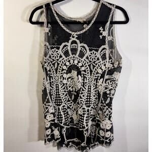 Capri Sheer Black Mesh Lace Embroidered Tank Top Medium Boho Floral